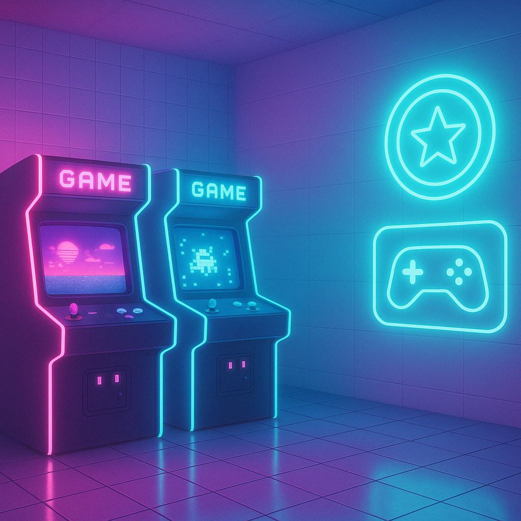 ArcadeNest hero: neon arcade scene with stylized tiles